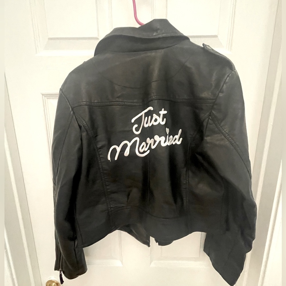 Faux Leather Bridal Jacket size L Just Married David’s Bridal Black Warm Style